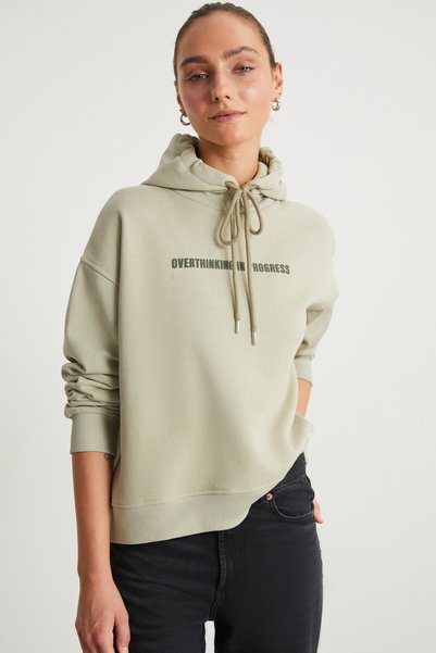 Iane Women's 3-Thread Raster Text Printed Hooded Green Sweatshirt
