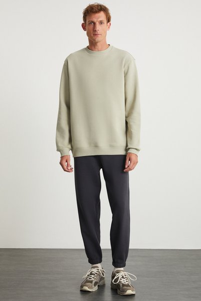 Ludim Men's Oversize Fit 3 Thread Raised Round Collar Beige Sweatshirt