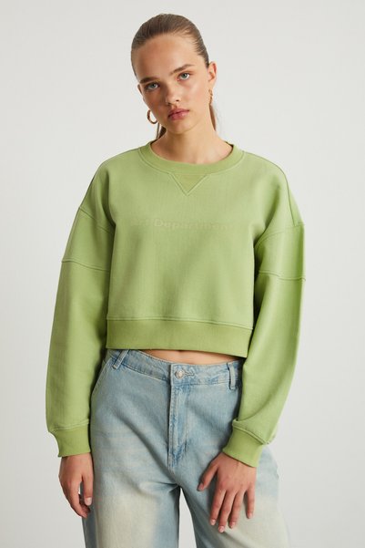 Danbi Women's Crop Knitted Fabric Round Neck Long Sleeve Green Sweatshirt