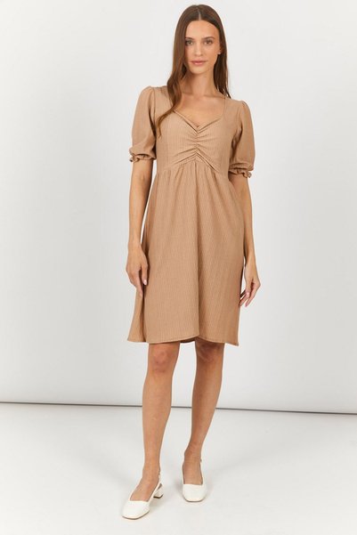Women's Beige Front Gathered Sleeve Elastic Midi Dress Arm-23y001078