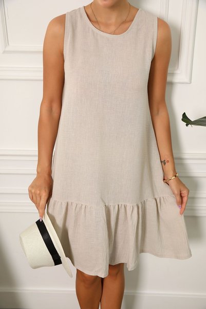 Women's Cream Linen Look Textured Sleeveless Skirt Ruffle Dress ARM-23Y001128