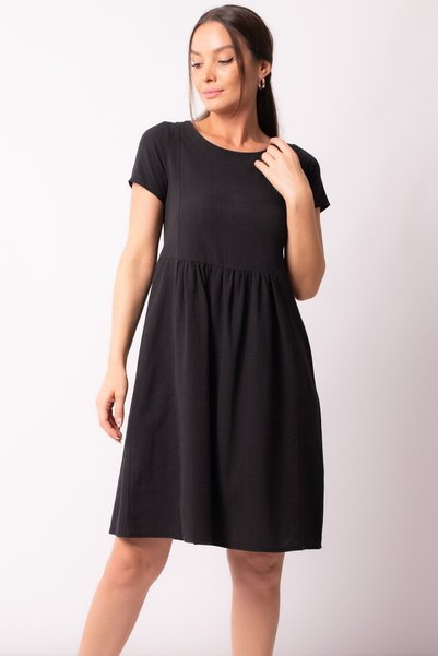 Women's Black Backless Elastic Detailed Short Sleeve Dress Arm-23y001001