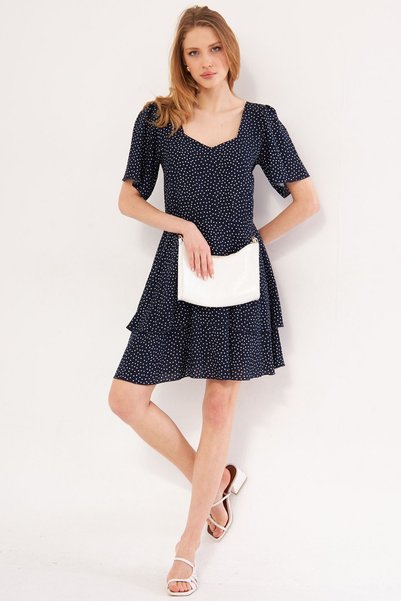 Women's Navy Blue Minus Dress Short Sleeve Skirt Layered Zippered Patterned Mini Size ARM-24Y001026