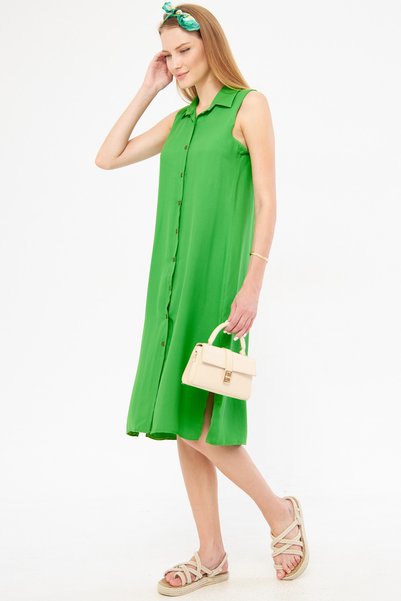 Women's Green Collared Buttoned Dress Arm-17Y00028