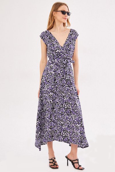 Women's Purple Efta Dress Back and Front Collar Double Breasted Belted Patterned Midi Length ARM-24Y001027