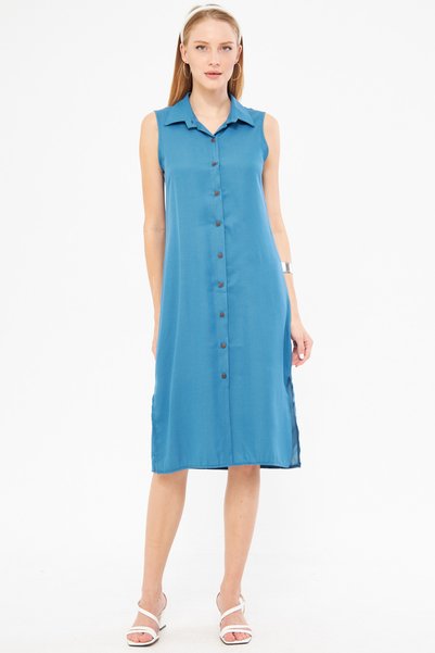 Women's Indigo Collared Buttoned Dress Arm-17Y00028