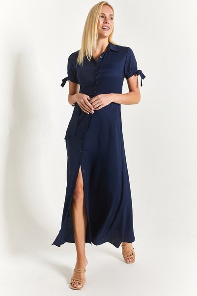 Women's Navy Blue Sleeve Tied Waist Belted Shirt Dress Arm-23y001004