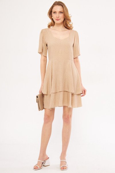 Women's Beige Minus Dress Short Sleeve Skirt Layered Zippered Patterned Mini Size ARM-24Y001026