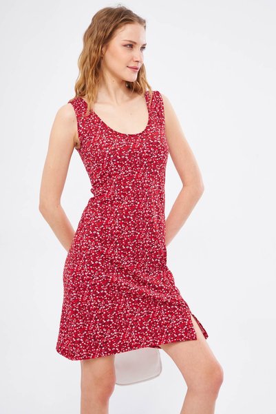 Women's Red Ikosidio Dress Body-Fitting Sleeveless Front Slit Mini-Length ARM-24Y001045