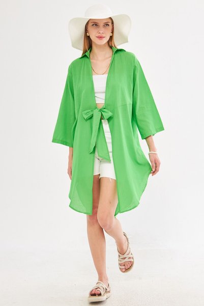Women's Green Front-Tie Thin Linen Fabric Midi Length Kimono Shirt Arm-24Y001081