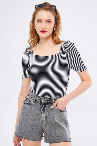 Women's Black Front Back Square Neck Watermelon Sleeve Striped Blouse ARM-24Y133009