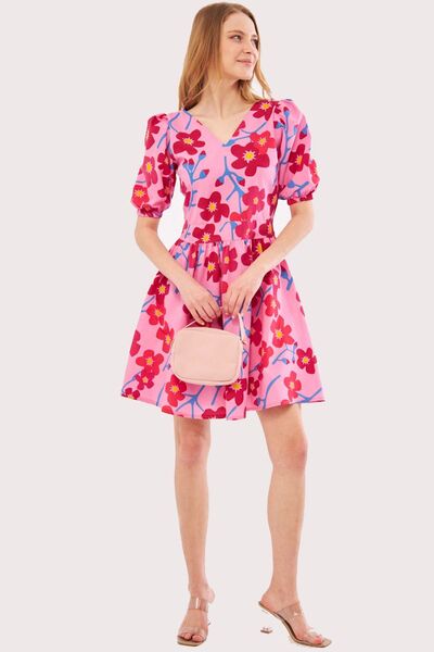 Women's Pink Front Back V Neck Balloon Sleeve Belt Detailed Patterned Mini Dress ARM-24Y001016