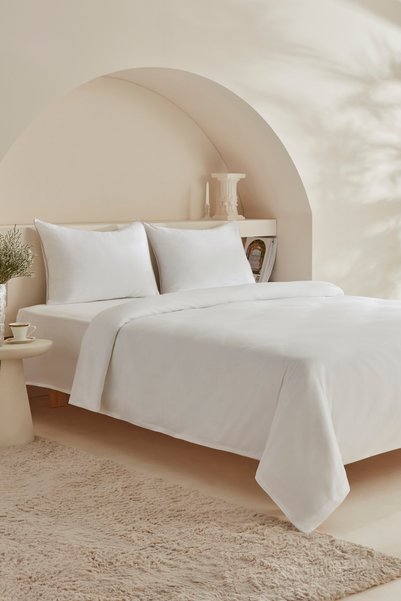 Vinas 80 Thread 100% Cotton Double Size Satin Piping Duvet Cover Set White