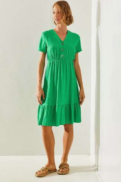 Women's Green V-Neck Muslin Fabric Short Sleeve Basic Dress 2282 60251464