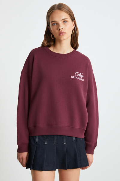 Soyeon Women's Front and Back Print Detailed Raised Long Sleeve Claret Red Sweatshirt