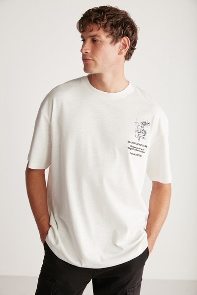 Alonzo Men's Oversize Fit 100% Cotton Embroidered and Printed Ecru T-shirt