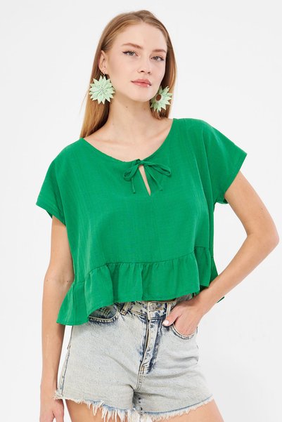 Women's Green Bat Sleeve Collar Tie Skirt Ruffled Oversize Crop Blouse Arm-24Y001088