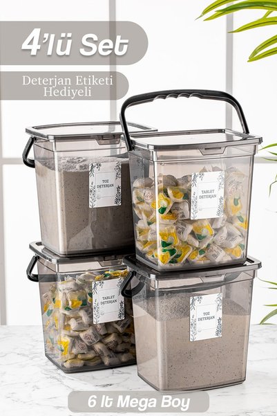 6 Lt Detergent Storage Container with 4 Labels - Tablet Detergent Storage Box with Handles Anthracite