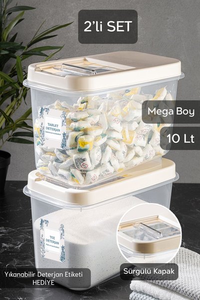 2-Piece 10 Lt Mega Label Powder Tablet Detergent Storage Box - Bathroom Organizer Cream with Sliding Lid