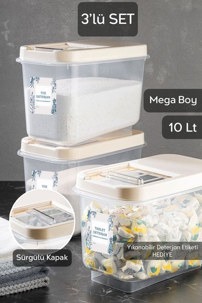 3-Piece 10 Lt Mega Bathroom Organizer - Powder Tablet with Sliding Lid and Label Detergent Storage Box Cream