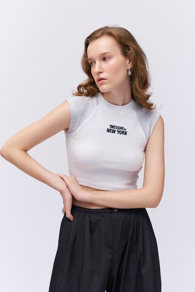 Text Printed Ribbed Sleeveless T-Shirt White