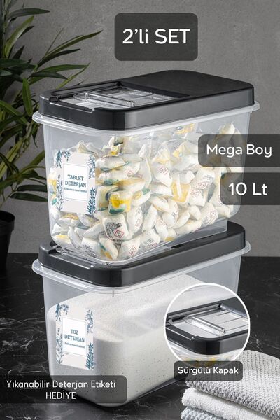 2-Piece 10 Lt Mega Label Powder Tablet Detergent Storage Box with Sliding Lid Bathroom Organizer Anthracite
