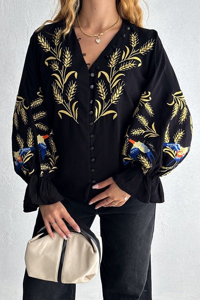 Women's black button detailed wide fit fully embroidered cotton blouse