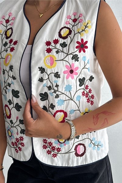 White Floral Embroidered Vest