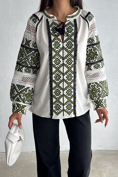 White tassel detailed fully embroidered cotton blouse