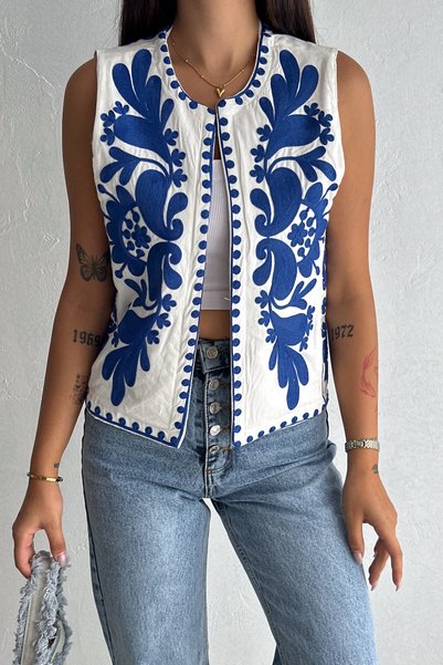 Women's Navy Blue Embroidered Special Design Linen Vest