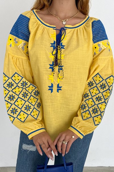 Women's Yellow Tassel Detailed Embroidered Balloon Sleeve Cotton Blouse