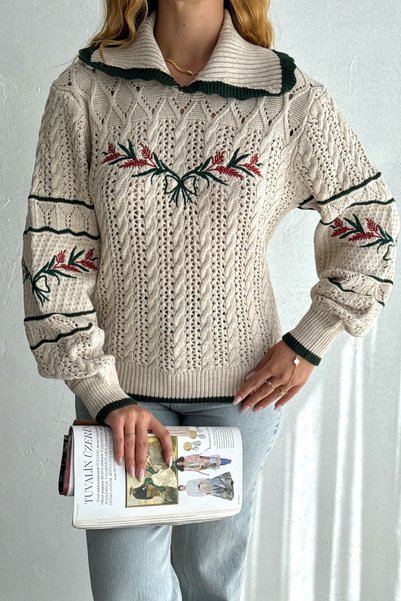 Women's Beige Bebe Collar Embroidery Embroidered Hair Knit Knitwear Sweater