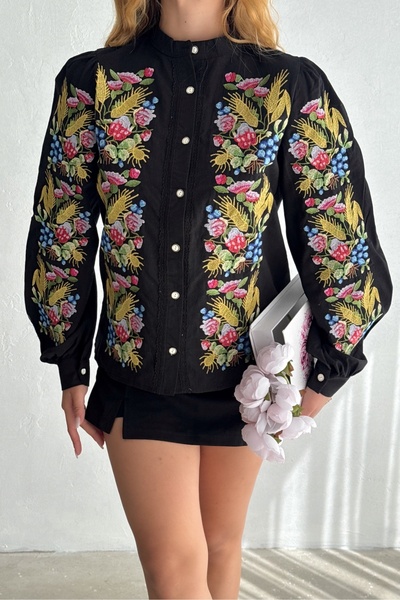 Women's Black Button and Lace Detailed Fully Embroidered Shirt