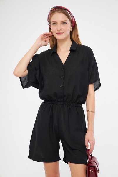 Women's Black Shirt Collar Pocket Short Jumpsuit Arm-24Y001113