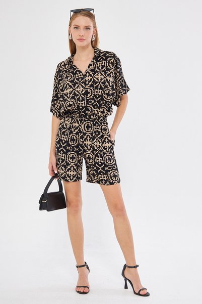 Women's Black-Beige Shirt Collar Pocket Print Short Jumpsuit Arm-24Y 001023