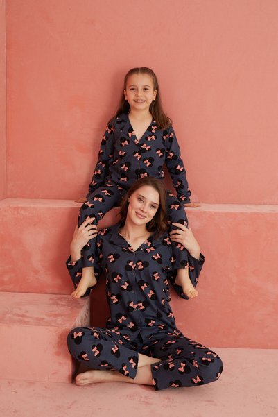Smoked Ribbon Patterned Long Sleeve Knitted Front Buttoned Pajama Set