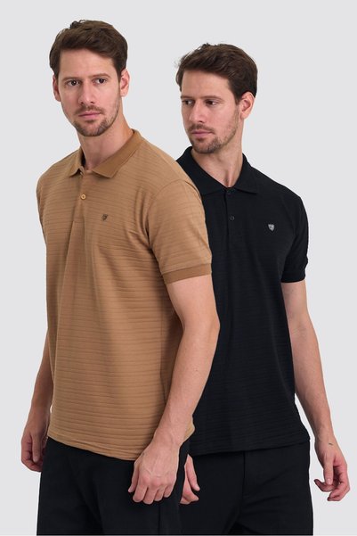 Men's 100% Cotton Fabric Slim Fit Cut 2-Piece Polo Neck T-Shirt - Black Caramel