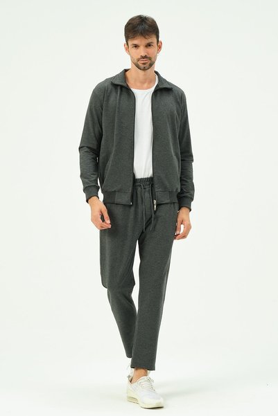 Men's Collared Front Zippered Straight Leg Tracksuit 8701 Anthracite