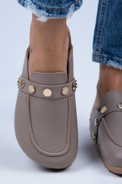 Bonita Women's Genuine Leather Studded Mink - Gold Slippers