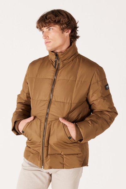 Regular Fit Normal Cut High Collar Hooded Camel Puffer Coat