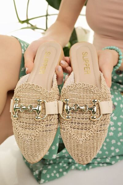 Women's Straw Slippers Beige Closed Front Knitted Knitwear Knitted Stone Buckle Detailed Summer Home Beach Vacation Slippers