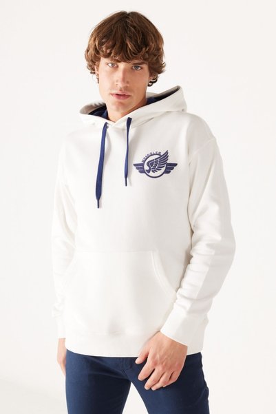 Loose Fit Relaxed Fit Off White Men's Hooded Sweatshirt