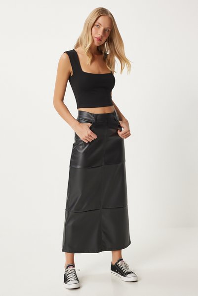 Women's Black Slit Faux Leather Pencil Skirt Fn03351