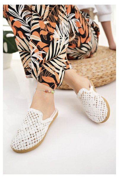Women's Straw Slippers White Closed Front Mesh Lace Knitwear Embroidery Detailed New Season Home Beach Vacation Slippers