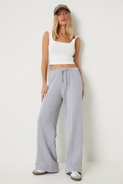 Women's Gray Wide Leg Knitted Sweatpants Fn03349