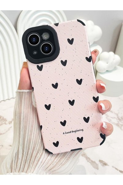 iPhone 15 Compatible Case Black Heart Pattern Camera Protection Aesthetic Elegant Soft Silicone Cover