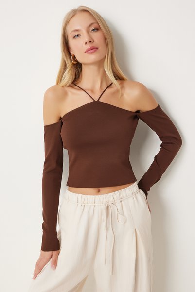 Women's Brown Crossed Drawstring Knitwear Blouse Fn03340
