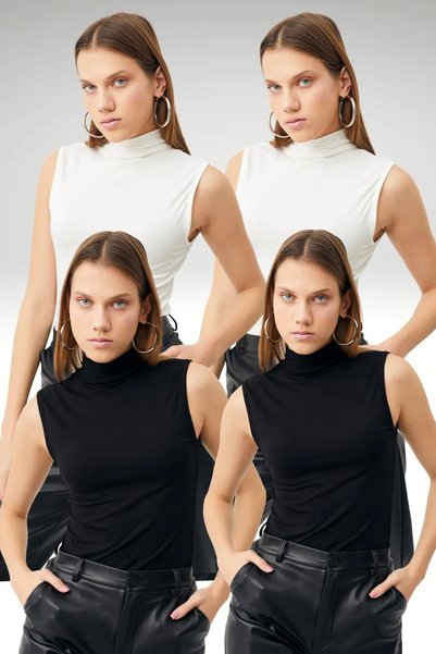 Women's 2 Black 2 White 4-Piece Sleeveless Blouse