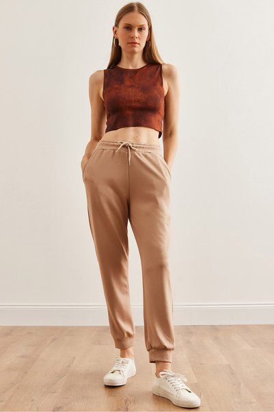 Women's Beige Elastic Waist Modal Buttoned Jogging Sweatpants Eşf-00000072