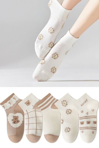 5 Pairs Women's Beige Happy Patterned Socks